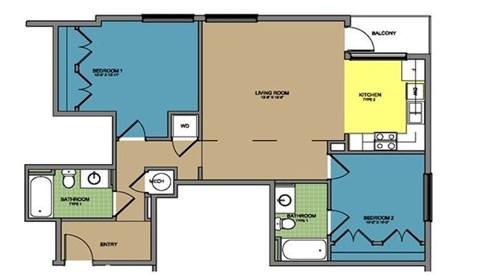 Floor plan for 2 beds, 2 baths, 960 sqft